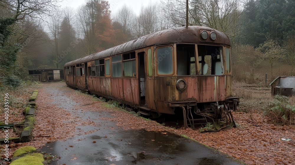Fototapeta premium Rusty train decays in autumn woodland
