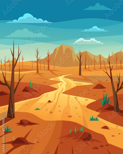 A vast expanse of land now barren and devoid of life as the trees have been cleared for production.. Vector illustration