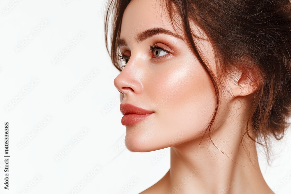 Obraz premium Beautiful model with hairstyle and fashion make-up. Beautiful woman model with perfect curly hairstyle and naturel fresh make-up, beige gloss on lips and ideal shiny skin. Summer style 