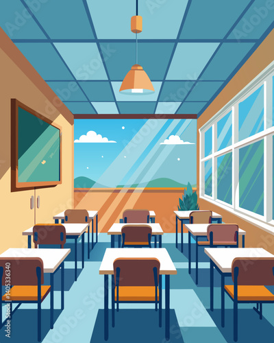 A school classroom filled with natural light from large windows reducing the need for artificial lighting.. Vector illustration