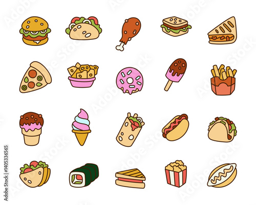 Fast food set with delicious snacks including burgers, tacos, sandwiches, fries, pizza, desserts and more in cute outline clipart style for yours creative designs projects