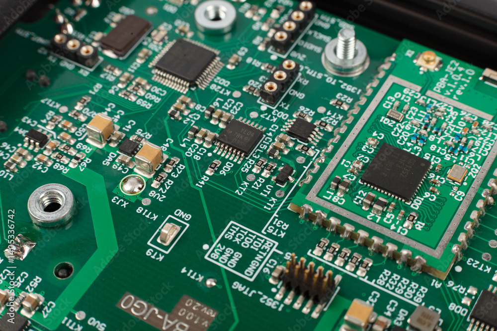 Electronic board close-up, modern electronic circuits