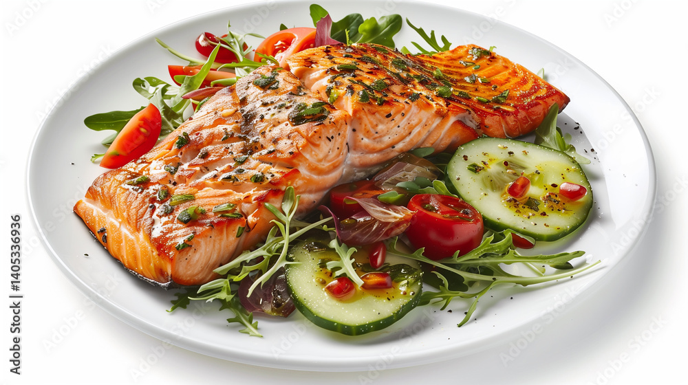 Grilled salmon with salad on a white plate Grilled salmon with salad on a white plate