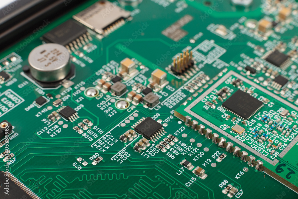Electronic board close-up, modern electronic circuits