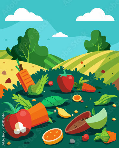 The once vibrant and colorful fields are now littered with withered and discarded vegetables deemed unsellable by the industrial farm due to overproduction and strict aesthetic. Vector illustration