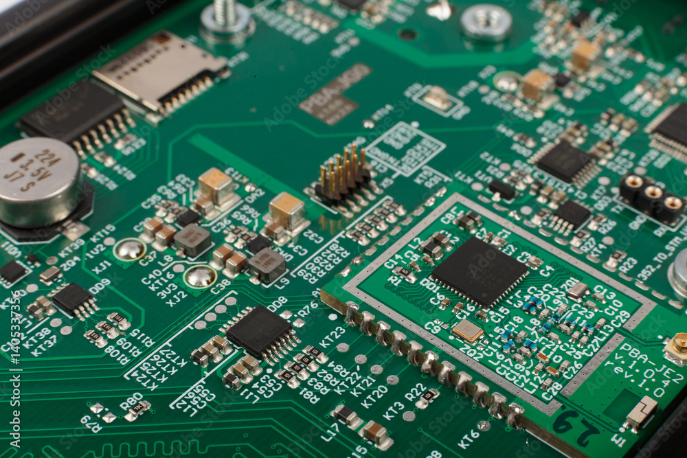 Electronic board close-up, modern electronic circuits