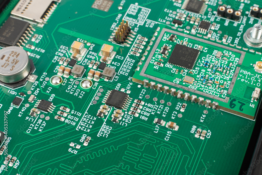 Electronic board close-up, modern electronic circuits