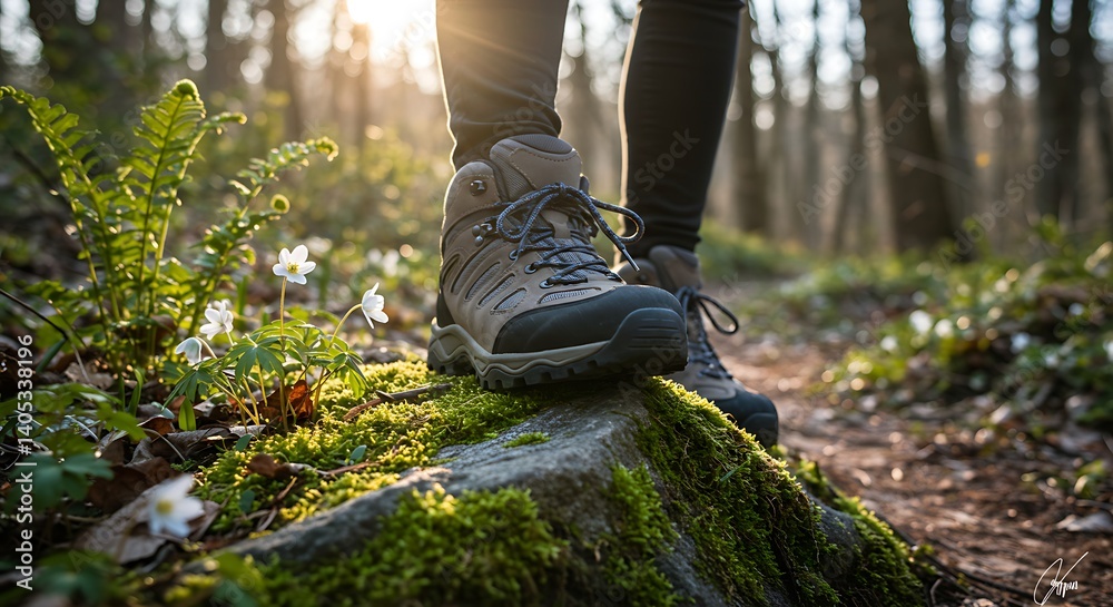 Hiking Boots on Mossy Rock in Forest Sunlight Adventure Hiking Boots on Mossy Rock in Forest Sunlight Adventure