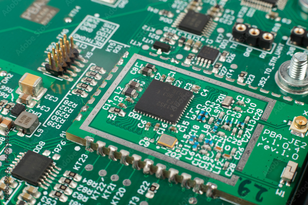 Electronic board close-up, modern electronic circuits