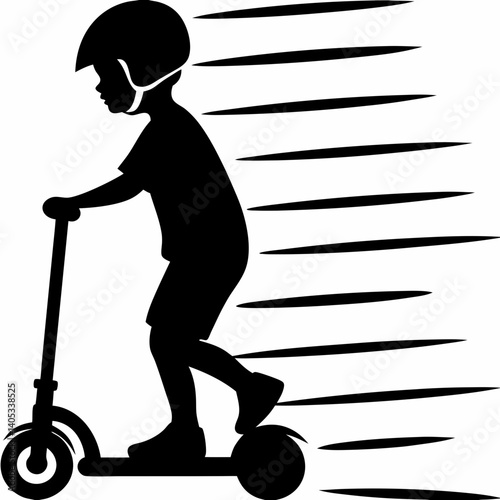 A young child wearing a helmet zooms on their scooter, a blur of motion and youthful energy, depicted in bold black silhouette against a white background.