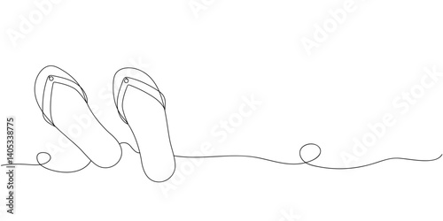 Fun summer beach day with flip-flops relaxing by the ocean shoreline during sunset, continuous one line drawing