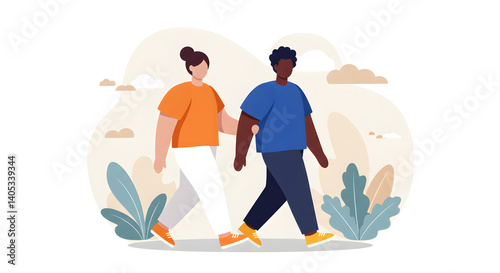  Two individuals walking together, hand in hand. Concept on friendship, unity, diversity, and connection