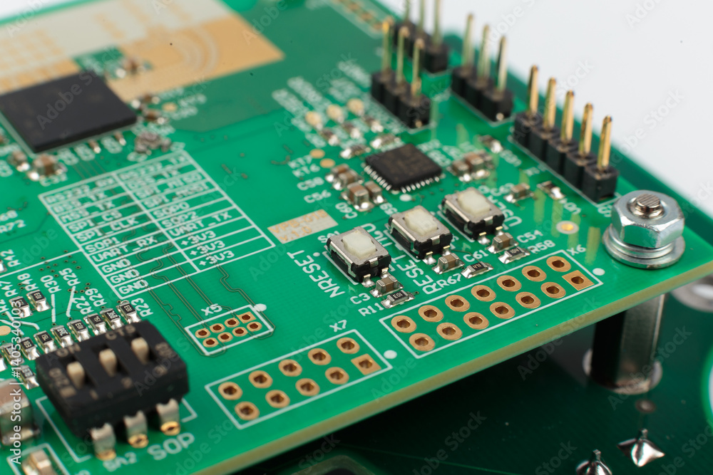 Electronic board close-up, modern electronic circuits