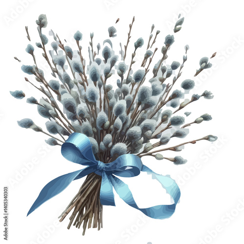 Vector Illustration of Pussy Willow Branches Tied with Ribbon – Palm Sunday Celebration