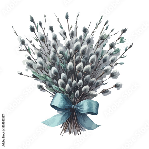 Vector Illustration of Pussy Willow Branches Tied with Blue Ribbon for Palm Sunday Celebration