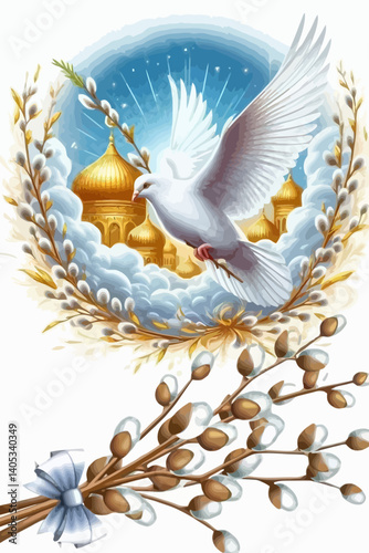 Palm Sunday Celebration Vector Illustration with Dove, Church Domes, and Pussy Willow Branches