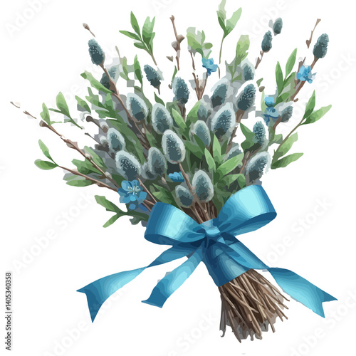 Vector Illustration of Pussy Willow Branch Bouquet with Blue Ribbon for Palm Sunday Celebration