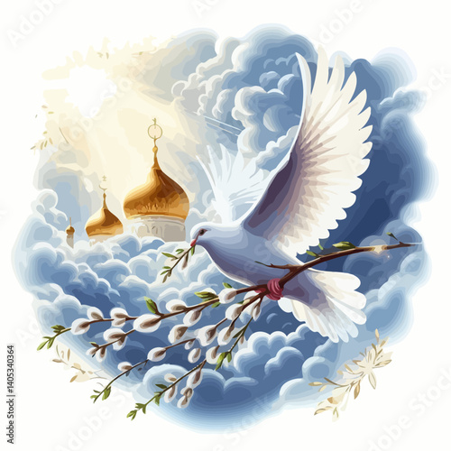 Vector Illustration of Palm Sunday with Pussy Willow Branches, Church Domes, and White Dove