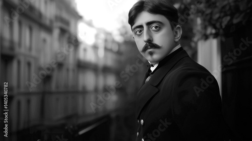 Black and white artistic portrait of Marcel Proust standing on a Parisian balcony in early 20th century style
