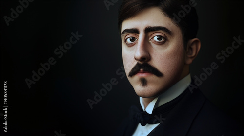 Artistic portrait of Marcel Proust with intense expression and dark background in classic painterly style
