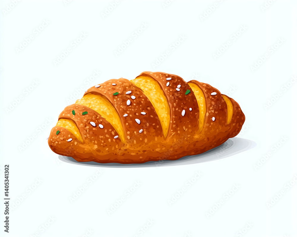 Golden-brown garlic bread loaf, sliced, showing cheesy interior and herb sprinkles. Generative AI Golden-brown garlic bread loaf, sliced, showing cheesy interior and herb sprinkles. Generative AI