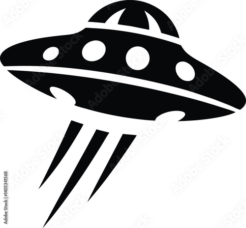 Black and white silhouette of a UFO in a modern, bold vector style for sci-fi and extraterrestrial designs
