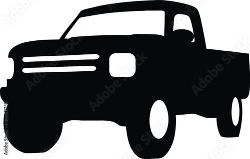 Black and white silhouette of a pickup truck in a modern, bold vector style for utility and outdoor designs.