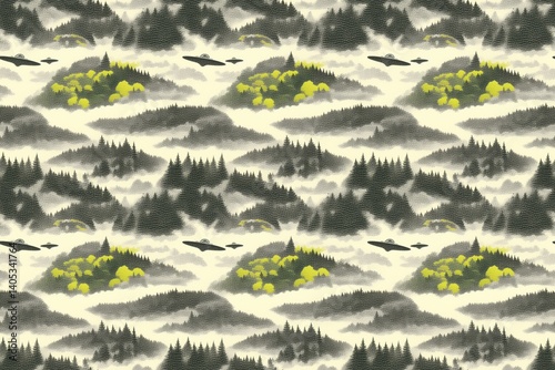 Seamless UFO Doodle Pattern in Black and Grey