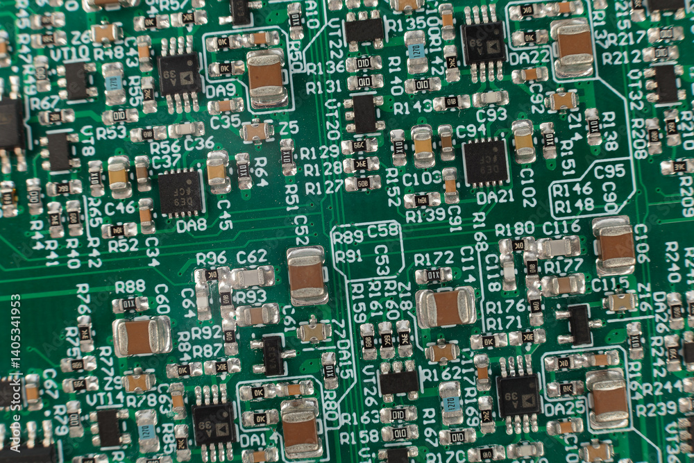 Electronic board close-up, modern electronic circuits