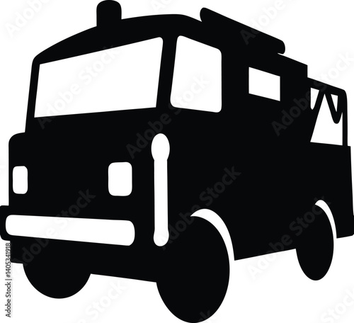 Black and white silhouette of a fire truck in a modern, bold vector style for emergency and safety designs
