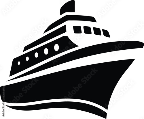 Black and white silhouette of a ship in a modern, bold vector style for nautical and transportation designs