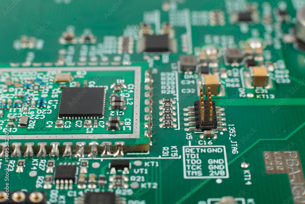 Electronic board close-up, modern electronic circuits