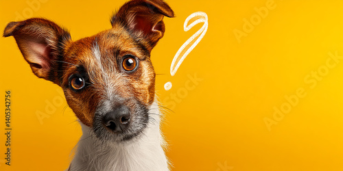 Brown and white dog close-up on yellow, head tilted, question mark nearby. Conveys curiosity, suitable for pet content or playful designs. Free space for text.