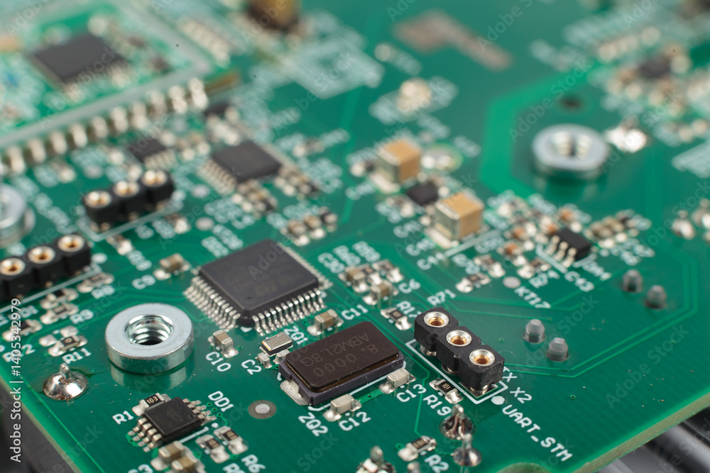 Electronic board close-up, modern electronic circuits
