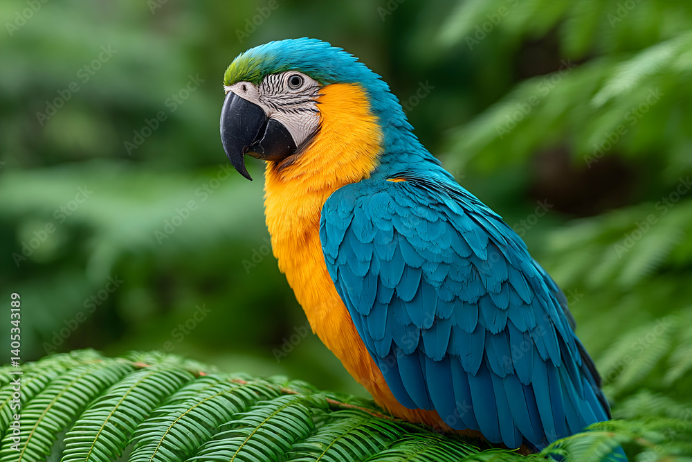 Obraz premium Vibrant blue and gold macaw perched on lush green foliage. Generative AI