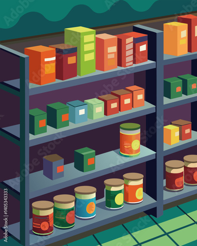 The shelves of the abandoned store are stocked with cans upon cans of unod soup and vegetables untouched and slowly expiring.. Vector illustration