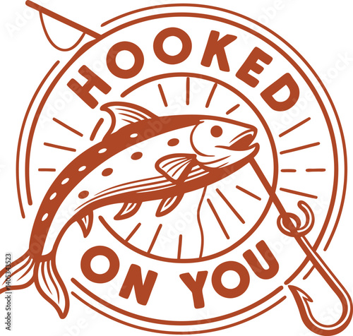 Black and white logo, circular design, bold typography, "HOOKED ON FISHING" text, silhouette of jumping fish, wavy water line, minimalist graphic, fishing theme, vector illustration, high contrast, ro