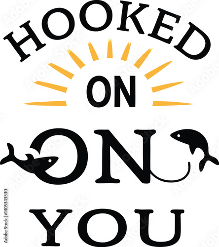 Black and white logo, circular design, bold typography, "HOOKED ON FISHING" text, silhouette of jumping fish, wavy water line, minimalist graphic, fishing theme, vector illustration, high contrast, ro