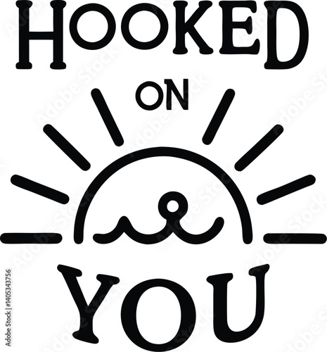Black and white logo, circular design, bold typography, "HOOKED ON FISHING" text, silhouette of jumping fish, wavy water line, minimalist graphic, fishing theme, vector illustration, high contrast, ro