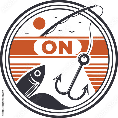 Black and white logo, circular design, bold typography, "HOOKED ON FISHING" text, silhouette of jumping fish, wavy water line, minimalist graphic, fishing theme, vector illustration, high contrast, ro
