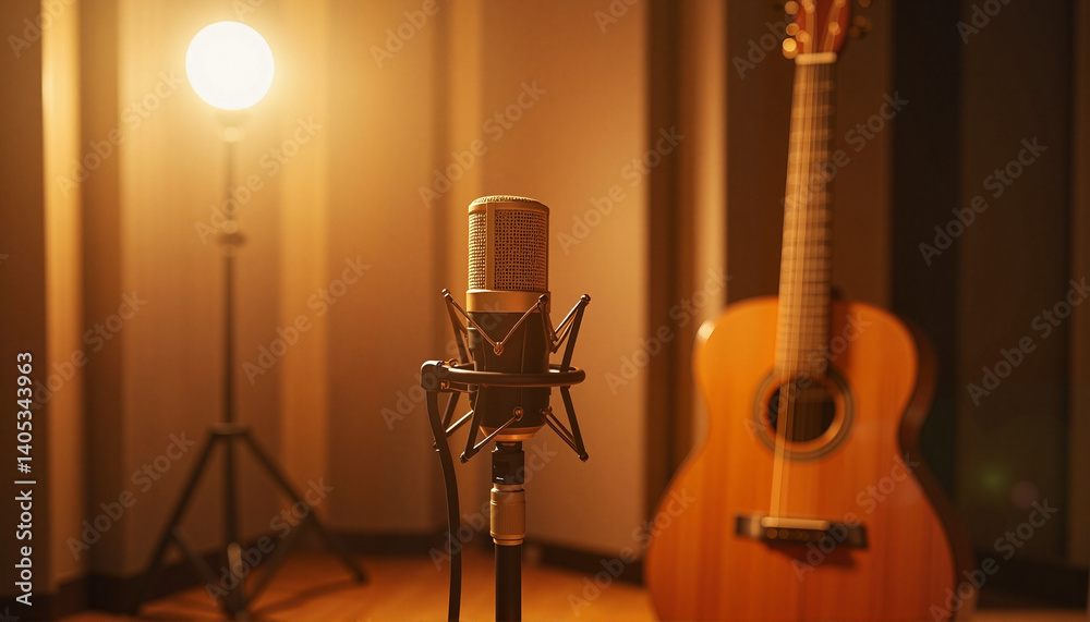 Naklejka premium Recording studio microphone with guitar, creative musical expression