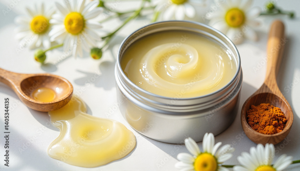 Natural herbal cream with turmeric and daisies, soothing skincare Natural herbal cream with turmeric and daisies, soothing skincare