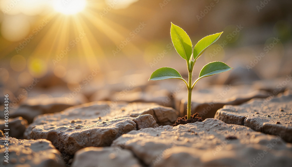 Resilient sprout emerging from cracked earth at sunset, hope and renewal