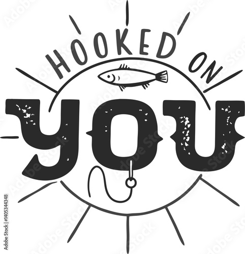 Black and white logo, circular design, bold typography, "HOOKED ON FISHING" text, silhouette of jumping fish, wavy water line, minimalist graphic, fishing theme, vector illustration, high contrast, ro