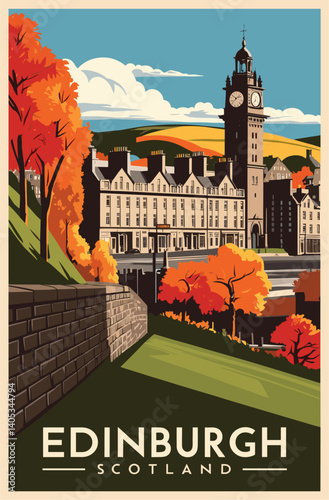 Edinburgh, Scotland travel destination poster in retro style. Old cityscape vector illustration