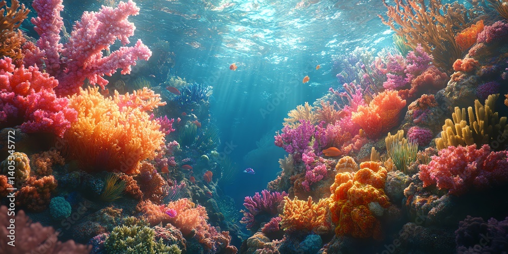 Fototapeta premium Vibrant Coral Reef Underwater Scene with Colorful Fish