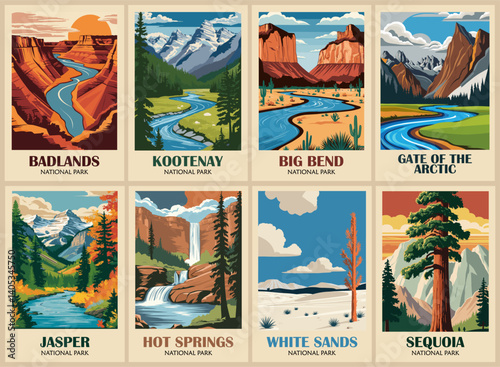A collection of posters featuring various national parks and mountain ranges. The postcards include Badlands, Kootenay, Hot springs, Big bend, Gate of Arctic, Jasper, Sequoia, White Sands