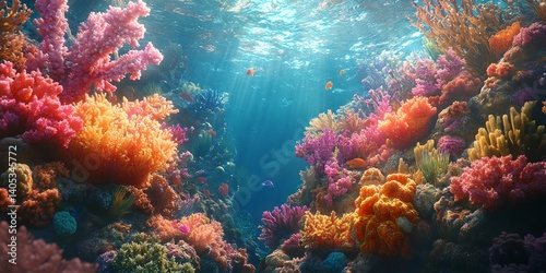 Vibrant Coral Reef Underwater Scene with Colorful Fish photo