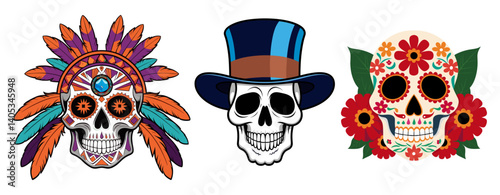 Set of skulls with different decorations, wearing hat, feathers. Traditional sugar skull for Day of the dead. Vector illustrations isolated