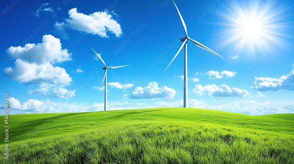 Tall wind turbines standing on lush green fields with clear blue sky in the background, renewable energy concept with bright natural light and environmental sustainability. Tall wind turbines standing on lush green fields with clear blue sky in the background, renewable energy concept with bright natural light and environmental sustainability.